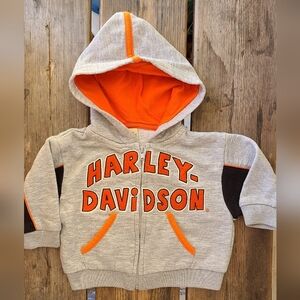 HARLEY DAVIDSON SZ 3-6M VGUC GRAY ORANGE HARLEY-DAVIDSON logo hooded sweatshirt